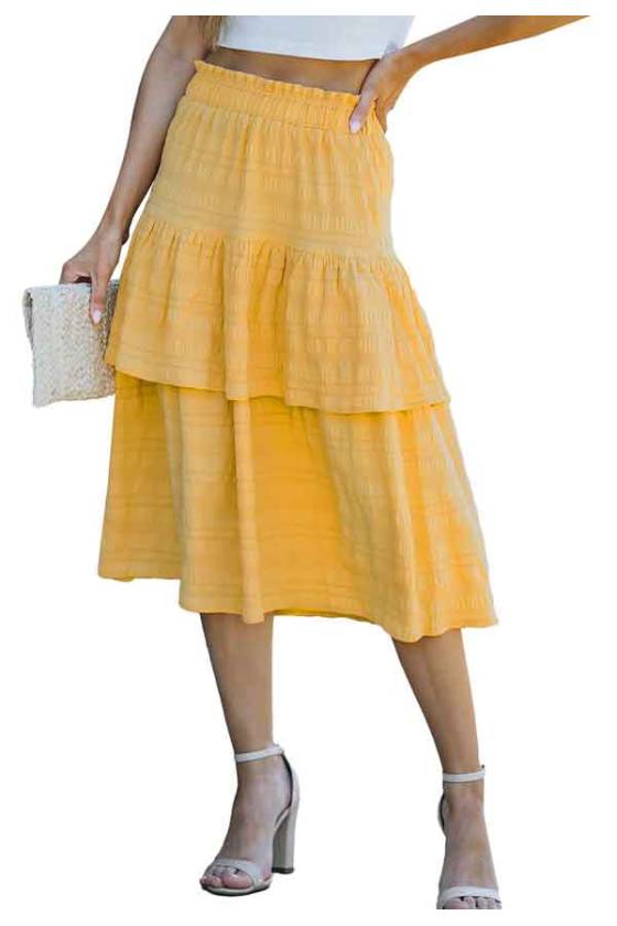 Falda midi amarilla capas de volantes cintura elástica verano