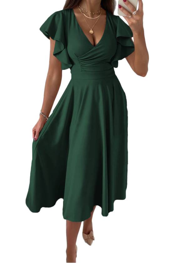 Verde vestido tobillero Miriam elegancia juvenil vuelo