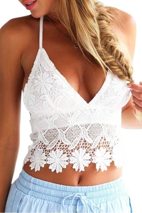 Bralette top blanco crochet floral ata al cuello