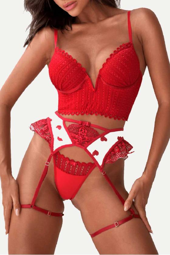 3 piezas San Valentín sexy lencería de noche roja