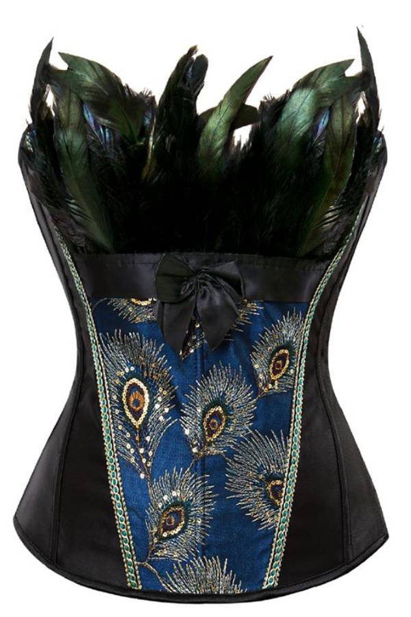 Corset plumas pavo real de vestir elegante mujer gótico bordado